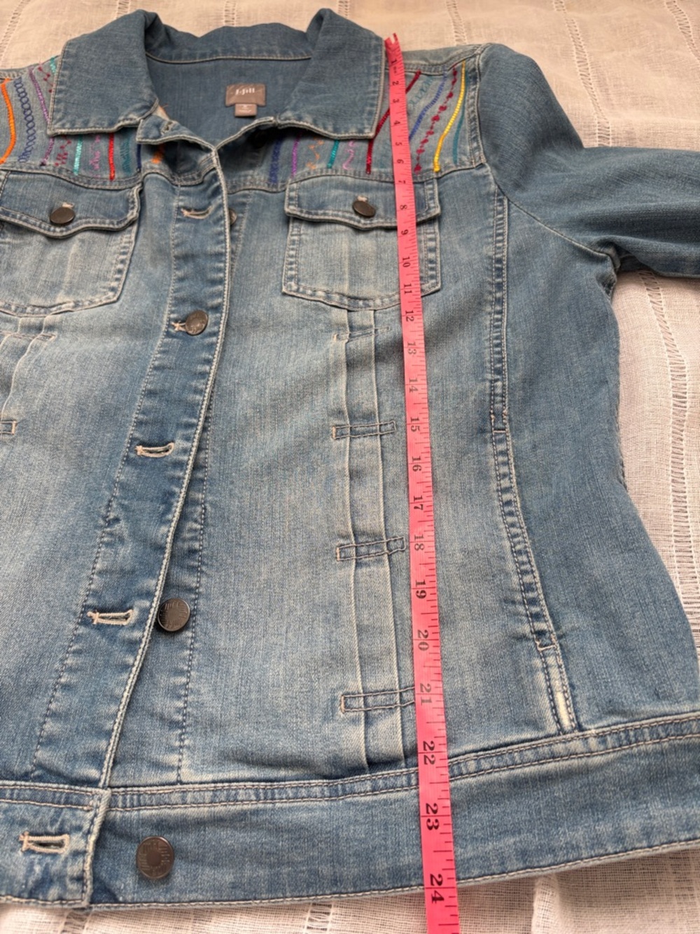 J. Jill Light Blue Denim Jacket with Multicolor Embroidered Yoke - Picture 12 of 13